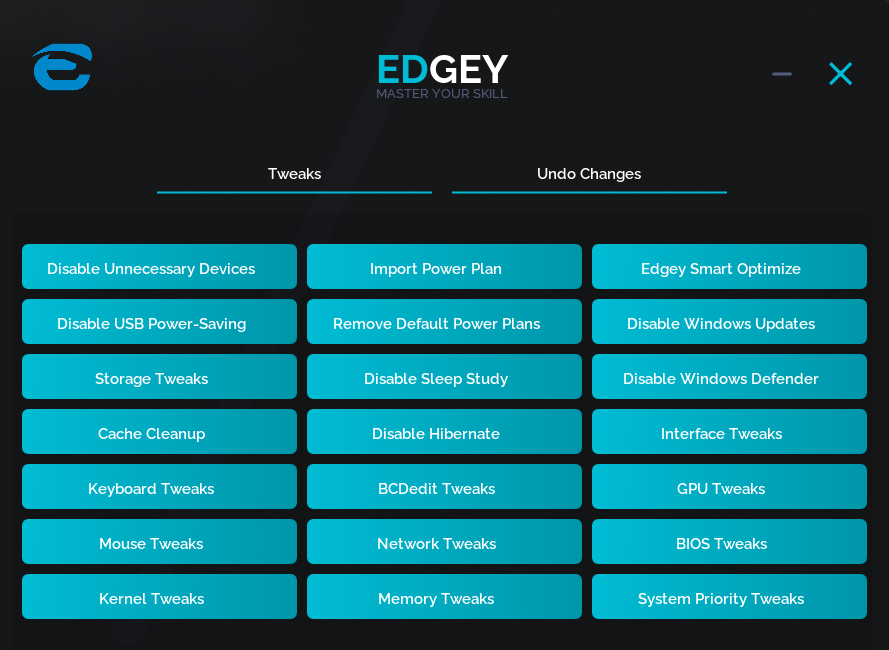 Edgey Tweaker main dashboard — 21 one-click tweak categories